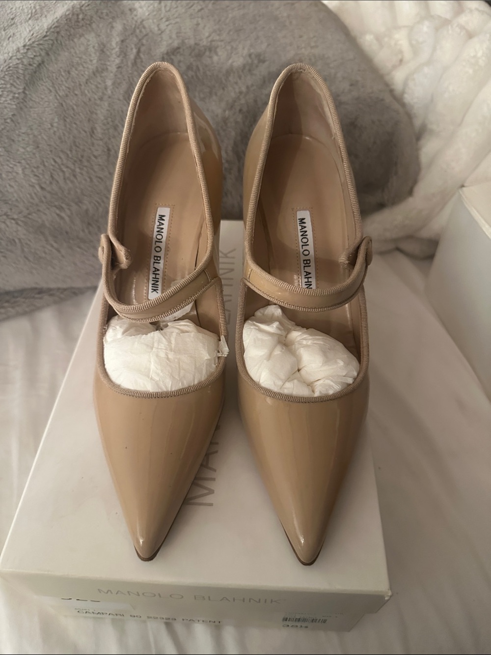 Manolo Blahnik Beige Patent Leather Mary Jane Pumps